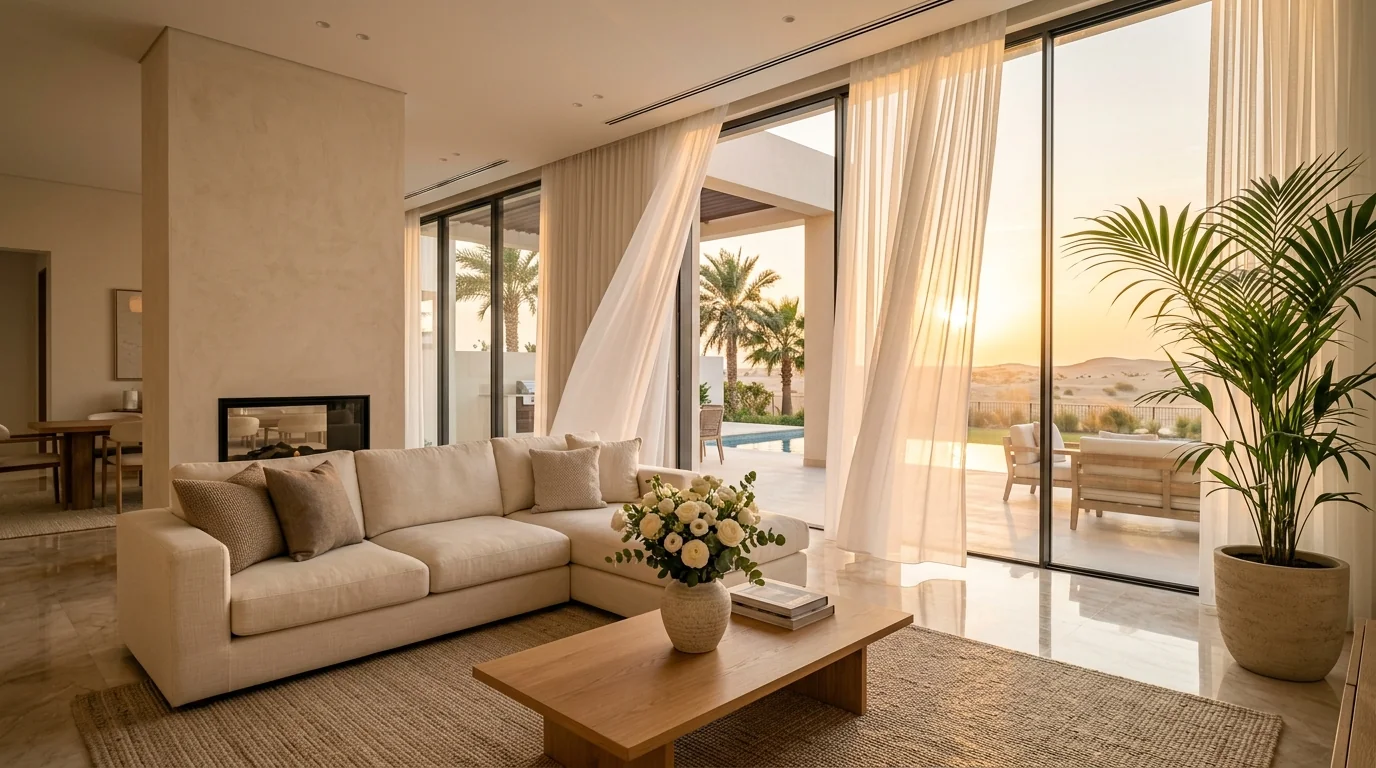 Modern Abu Dhabi living room with elegant custom curtains and soft natural light